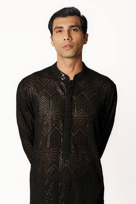 Rabani & Rakha Black Georgette, Cotton Satin, Cotton, Silk Sequins Embroidered Kurta And Pant Set at Aza Fashions Rabani & Rakha_Black Georgette, Cotton Satin, Cotton, Silk Sequins Embroidered Kurta And Pant Set _at_Aza_Fashions