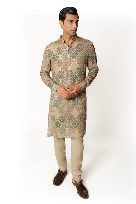 Rabani & Rakha Green Georgette, Cotton Satin, Bandhani Pattern Embroidered Kurta And Pant Set 