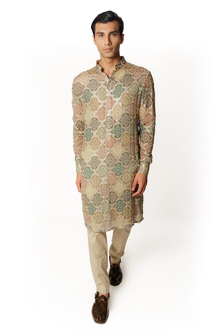 Buy Rabani & Rakha Green Georgette, Cotton Satin, Bandhani Pattern Embroidered Kurta And Pant Set Online at Aza Fashions Buy_Rabani & Rakha_Green Georgette, Cotton Satin, Bandhani Pattern Embroidered Kurta And Pant Set _Online_at_Aza_Fashions