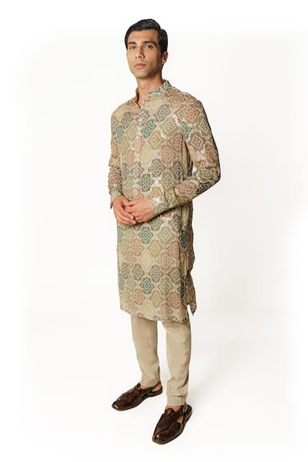 Shop Rabani & Rakha Green Georgette, Cotton Satin, Bandhani Pattern Embroidered Kurta And Pant Set Online at Aza Fashions Shop_Rabani & Rakha_Green Georgette, Cotton Satin, Bandhani Pattern Embroidered Kurta And Pant Set _Online_at_Aza_Fashions