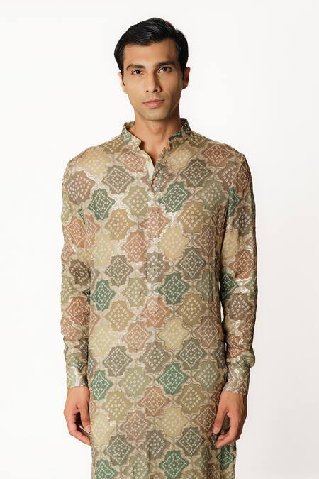 Rabani & Rakha Green Georgette, Cotton Satin, Bandhani Pattern Embroidered Kurta And Pant Set at Aza Fashions Rabani & Rakha_Green Georgette, Cotton Satin, Bandhani Pattern Embroidered Kurta And Pant Set _at_Aza_Fashions