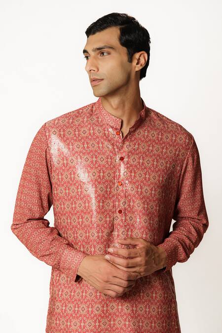 Shop Rabani & Rakha Red Cotton, Georgette, Silk Sequins Straight Embroidered Kurta And Pant Set Online at Aza Fashions Shop_Rabani & Rakha_Red Cotton, Georgette, Silk Sequins Straight Embroidered Kurta And Pant Set _Online_at_Aza_Fashions