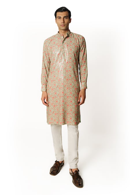Rabani & Rakha Green Georgette, Cotton, Silk Sequins Floral Print Embroidered Kurta And Pant Set 