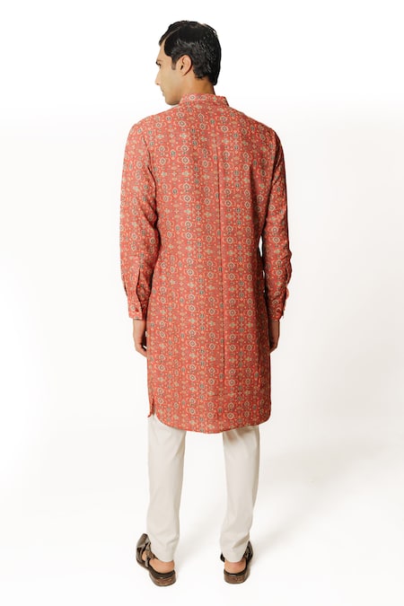 Shop Rabani & Rakha Red Georgette, Cotton, Silk Straight Printed Embroidered Kurta And Pant Set at Aza Fashions Shop_Rabani & Rakha_Red Georgette, Cotton, Silk Straight Printed Embroidered Kurta And Pant Set _at_Aza_Fashions