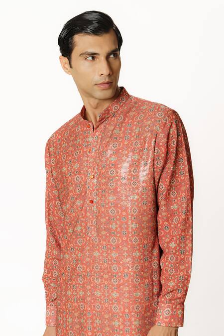 Rabani & Rakha Red Georgette, Cotton, Silk Straight Printed Embroidered Kurta And Pant Set at Aza Fashions Rabani & Rakha_Red Georgette, Cotton, Silk Straight Printed Embroidered Kurta And Pant Set _at_Aza_Fashions