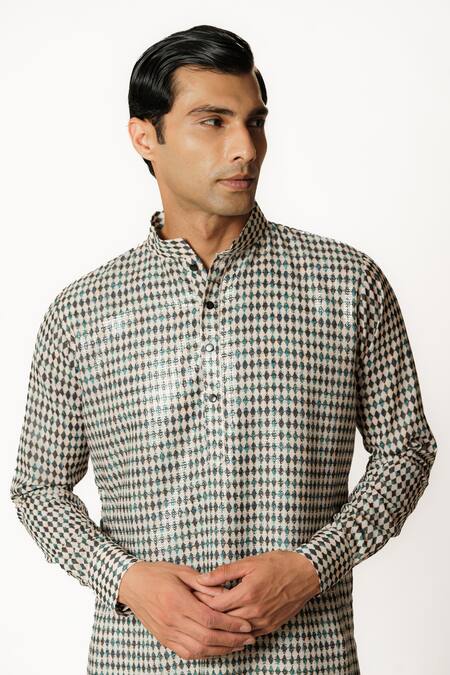 Buy_Rabani & Rakha_Ivory Cotton, Silk, Georgette Sequins Embroidered Printed Kurta And Pant Set _Online_at_Aza_Fashions