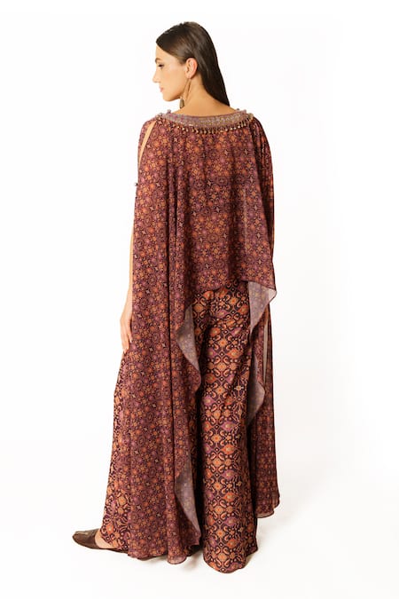 Shop Rabani & Rakha Purple Crepe, Georgette Sequins, Beads, Floral Print Cape And Palazzo Set at Aza Fashions Shop_Rabani & Rakha_Purple Crepe, Georgette Sequins, Beads, Floral Print Cape And Palazzo Set _at_Aza_Fashions
