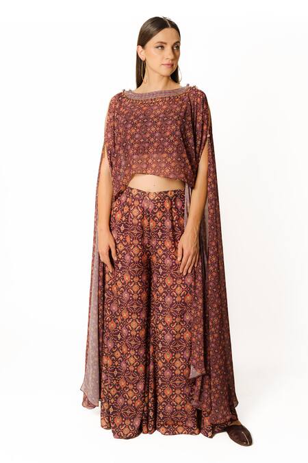 Shop Rabani & Rakha Purple Crepe, Georgette Sequins, Beads, Floral Print Cape And Palazzo Set Online at Aza Fashions Shop_Rabani & Rakha_Purple Crepe, Georgette Sequins, Beads, Floral Print Cape And Palazzo Set _Online_at_Aza_Fashions