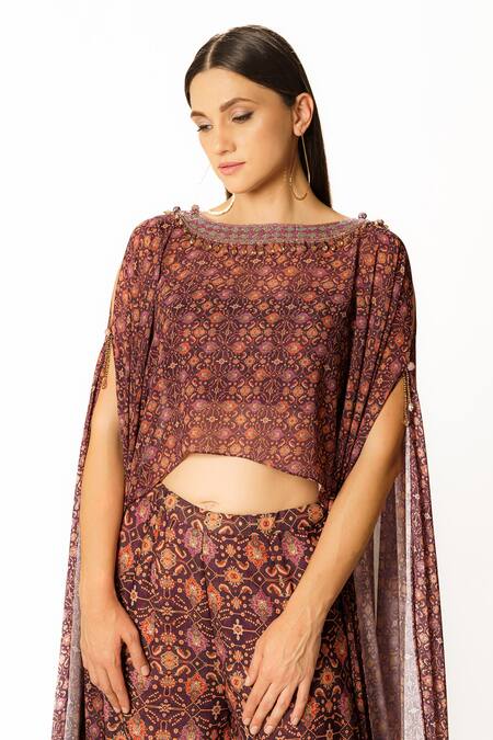 Rabani & Rakha Purple Crepe, Georgette Sequins, Beads, Floral Print Cape And Palazzo Set at Aza Fashions Rabani & Rakha_Purple Crepe, Georgette Sequins, Beads, Floral Print Cape And Palazzo Set _at_Aza_Fashions