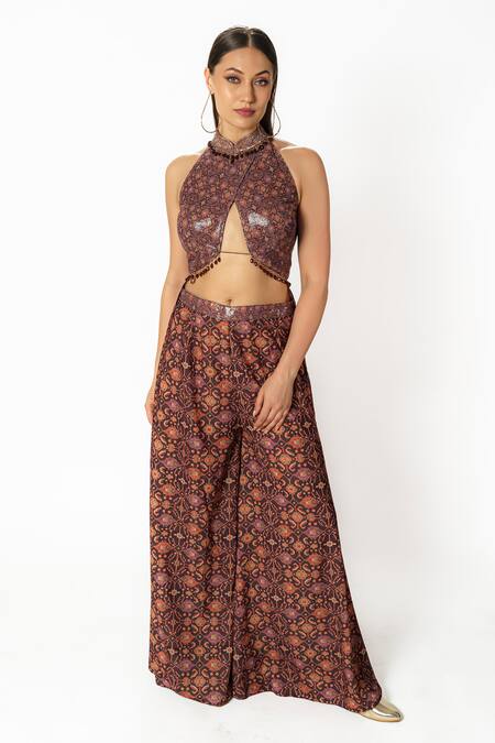 Rabani & Rakha_Purple Crepe, Georgette Sequins, Embroidery Halter Floral Print Top Palazzo Set _Online_at_Aza_Fashions