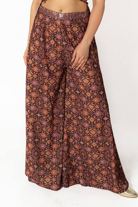 Buy_Rabani & Rakha_Purple Crepe, Georgette Sequins, Embroidery Halter Floral Print Top Palazzo Set _Online_at_Aza_Fashions