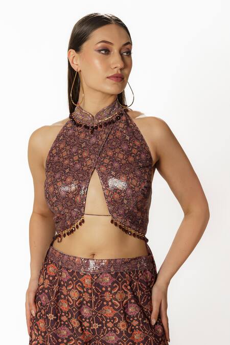 Rabani & Rakha_Purple Crepe, Georgette Sequins, Embroidery Halter Floral Print Top Palazzo Set _at_Aza_Fashions