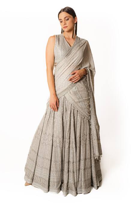 Rabani & Rakha Silver Georgette Sequins, Cut Work V-neck Hand Embroidered Lehenga Set Online at Aza Fashions Rabani & Rakha_Silver Georgette Sequins, Cut Work V-neck Hand Embroidered Lehenga Set _Online_at_Aza_Fashions