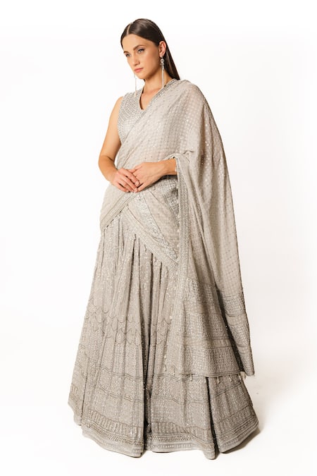 Shop Rabani & Rakha Silver Georgette Sequins, Cut Work V-neck Hand Embroidered Lehenga Set Online at Aza Fashions Shop_Rabani & Rakha_Silver Georgette Sequins, Cut Work V-neck Hand Embroidered Lehenga Set _Online_at_Aza_Fashions
