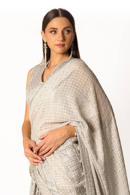 Rabani & Rakha Silver Georgette Sequins, Cut Work V-neck Hand Embroidered Lehenga Set at Aza Fashions Rabani & Rakha_Silver Georgette Sequins, Cut Work V-neck Hand Embroidered Lehenga Set _at_Aza_Fashions