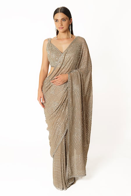 Rabani & Rakha_Silver Georgette Cut Work, Sequins, Embroidery Fern Jaal Hand Saree With Blouse _Online_at_Aza_Fashions