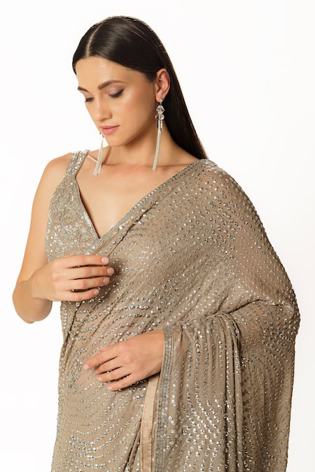 Shop_Rabani & Rakha_Silver Georgette Cut Work, Sequins, Embroidery Fern Jaal Hand Saree With Blouse _Online_at_Aza_Fashions