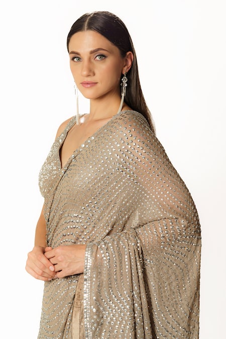 Rabani & Rakha_Silver Georgette Cut Work, Sequins, Embroidery Fern Jaal Hand Saree With Blouse _at_Aza_Fashions
