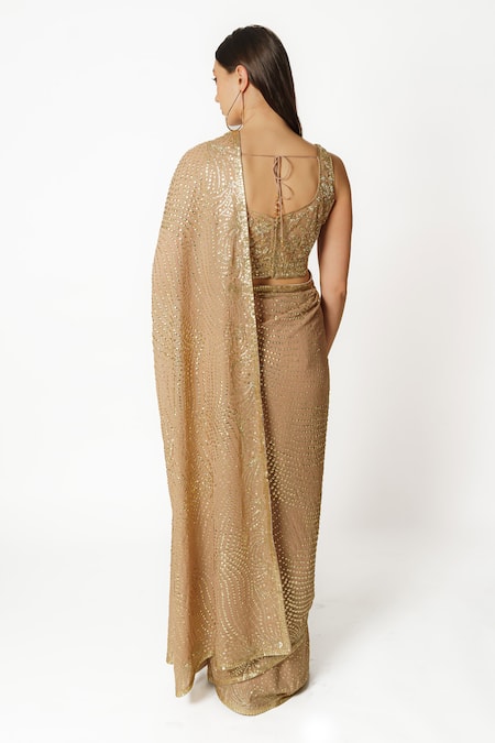 Shop Rabani & Rakha Gold Georgette Cut Work, Sequins, Zari Fern Jaal Hand Embroidered Saree Set at Aza Fashions Shop_Rabani & Rakha_Gold Georgette Cut Work, Sequins, Zari Fern Jaal Hand Embroidered Saree Set _at_Aza_Fashions