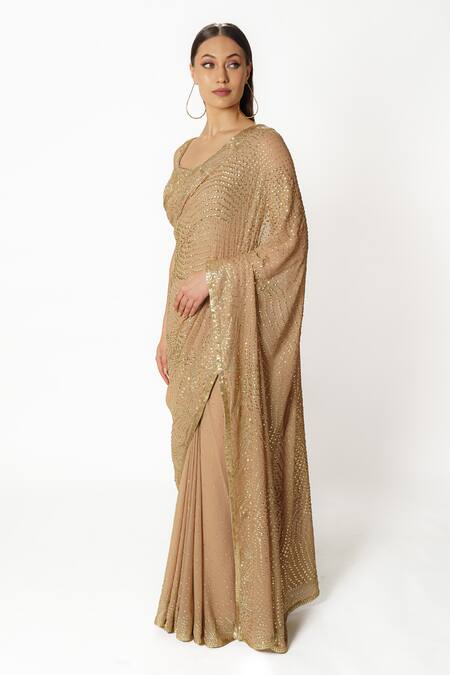 Buy Rabani & Rakha Gold Georgette Cut Work, Sequins, Zari Fern Jaal Hand Embroidered Saree Set Online at Aza Fashions Buy_Rabani & Rakha_Gold Georgette Cut Work, Sequins, Zari Fern Jaal Hand Embroidered Saree Set _Online_at_Aza_Fashions