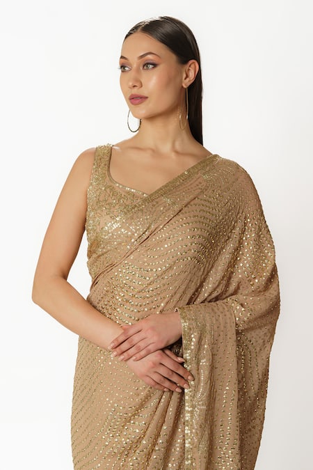 Shop Rabani & Rakha Gold Georgette Cut Work, Sequins, Zari Fern Jaal Hand Embroidered Saree Set Online at Aza Fashions Shop_Rabani & Rakha_Gold Georgette Cut Work, Sequins, Zari Fern Jaal Hand Embroidered Saree Set _Online_at_Aza_Fashions