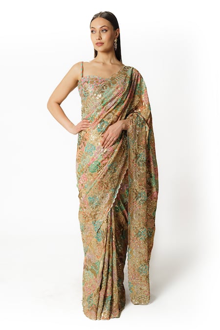 Rabani & Rakha Scallop Hem Bandhani Pattern Saree With Blouse 