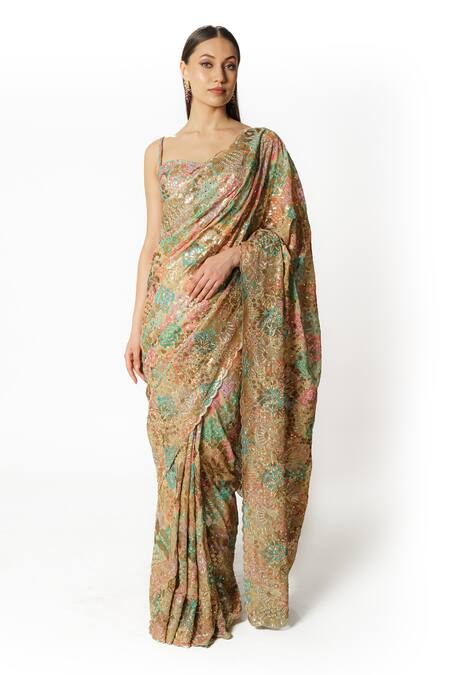 Rabani & Rakha Multi Color Georgette Sequins, Scallop Hem Bandhani Pattern Saree With Blouse Online at Aza Fashions Rabani & Rakha_Multi Color Georgette Sequins, Scallop Hem Bandhani Pattern Saree With Blouse _Online_at_Aza_Fashions