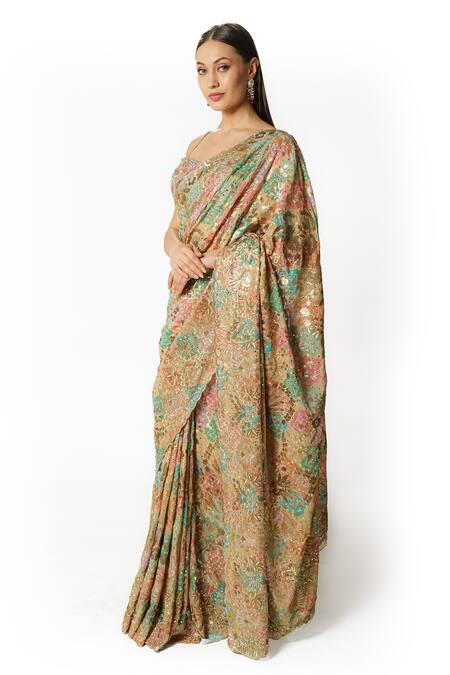 Buy Rabani & Rakha Multi Color Georgette Sequins, Scallop Hem Bandhani Pattern Saree With Blouse Online at Aza Fashions Buy_Rabani & Rakha_Multi Color Georgette Sequins, Scallop Hem Bandhani Pattern Saree With Blouse _Online_at_Aza_Fashions