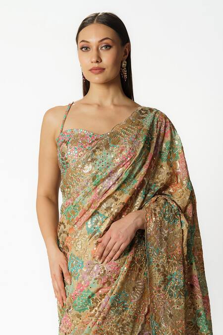 Shop Rabani & Rakha Multi Color Georgette Sequins, Scallop Hem Bandhani Pattern Saree With Blouse Online at Aza Fashions Shop_Rabani & Rakha_Multi Color Georgette Sequins, Scallop Hem Bandhani Pattern Saree With Blouse _Online_at_Aza_Fashions