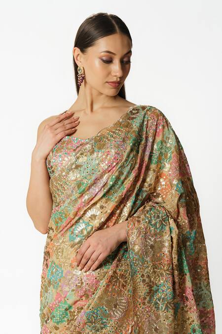 Rabani & Rakha Multi Color Georgette Sequins, Scallop Hem Bandhani Pattern Saree With Blouse at Aza Fashions Rabani & Rakha_Multi Color Georgette Sequins, Scallop Hem Bandhani Pattern Saree With Blouse _at_Aza_Fashions