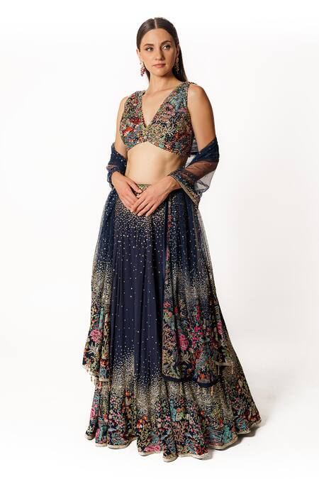 Rabani & Rakha Blue Net, Georgette Sequins, Floral Resham Embroidered Lehenga Blouse Set 