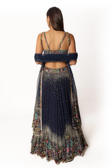 Shop Rabani & Rakha Blue Net, Georgette Sequins, Floral Resham Embroidered Lehenga Blouse Set at Aza Fashions Shop_Rabani & Rakha_Blue Net, Georgette Sequins, Floral Resham Embroidered Lehenga Blouse Set _at_Aza_Fashions