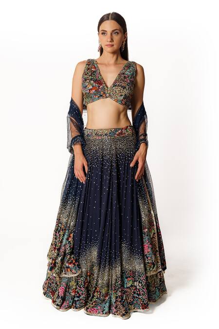Rabani & Rakha Blue Net, Georgette Sequins, Floral Resham Embroidered Lehenga Blouse Set Online at Aza Fashions Rabani & Rakha_Blue Net, Georgette Sequins, Floral Resham Embroidered Lehenga Blouse Set _Online_at_Aza_Fashions