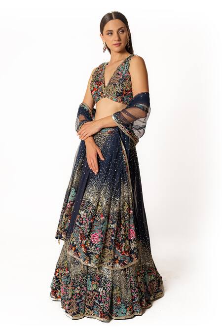 Shop Rabani & Rakha Blue Net, Georgette Sequins, Floral Resham Embroidered Lehenga Blouse Set Online at Aza Fashions Shop_Rabani & Rakha_Blue Net, Georgette Sequins, Floral Resham Embroidered Lehenga Blouse Set _Online_at_Aza_Fashions