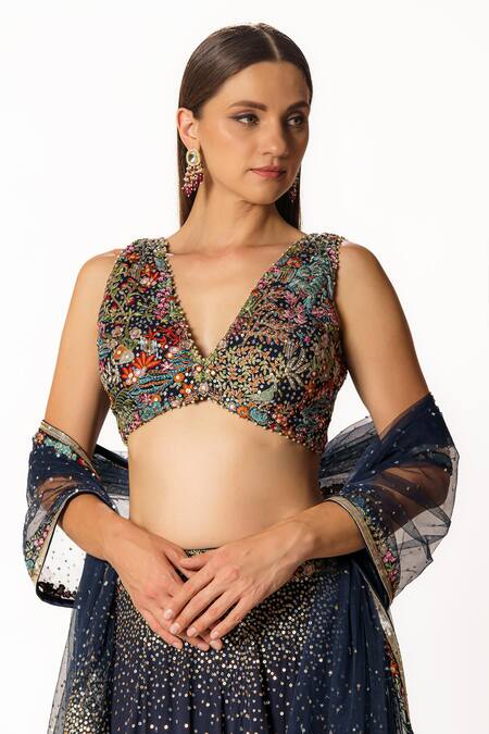 Rabani & Rakha Blue Net, Georgette Sequins, Floral Resham Embroidered Lehenga Blouse Set at Aza Fashions Rabani & Rakha_Blue Net, Georgette Sequins, Floral Resham Embroidered Lehenga Blouse Set _at_Aza_Fashions