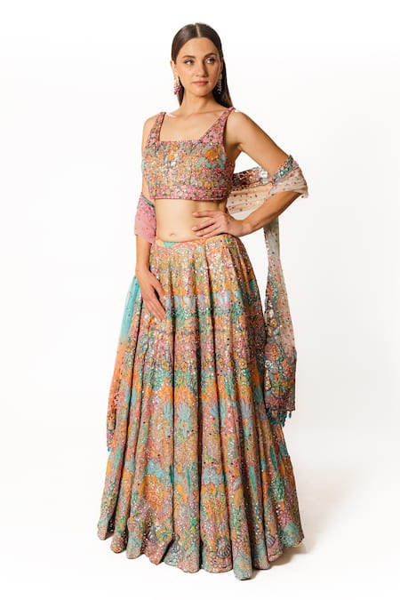 Rabani & Rakha Multi Color Georgette Sequins Square Neck Kasab Hand Embroidered Lehenga Set 