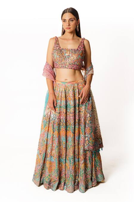 Rabani & Rakha Multi Color Georgette Sequins Square Neck Kasab Hand Embroidered Lehenga Set Online at Aza Fashions Rabani & Rakha_Multi Color Georgette Sequins Square Neck Kasab Hand Embroidered Lehenga Set _Online_at_Aza_Fashions