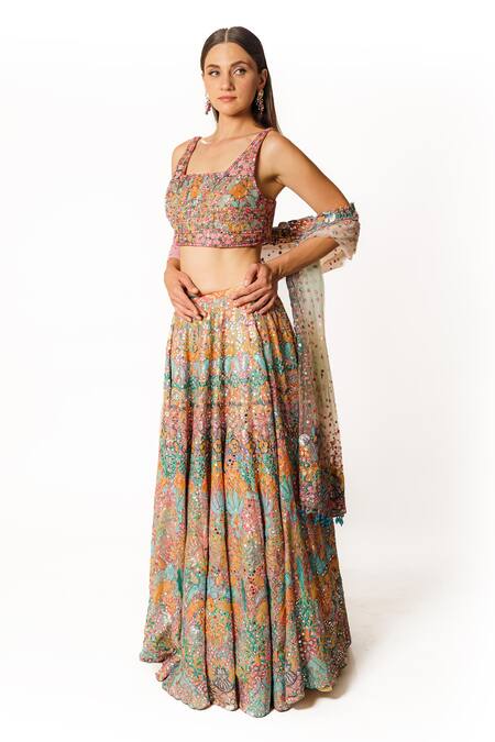 Shop Rabani & Rakha Multi Color Georgette Sequins Square Neck Kasab Hand Embroidered Lehenga Set Online at Aza Fashions Shop_Rabani & Rakha_Multi Color Georgette Sequins Square Neck Kasab Hand Embroidered Lehenga Set _Online_at_Aza_Fashions