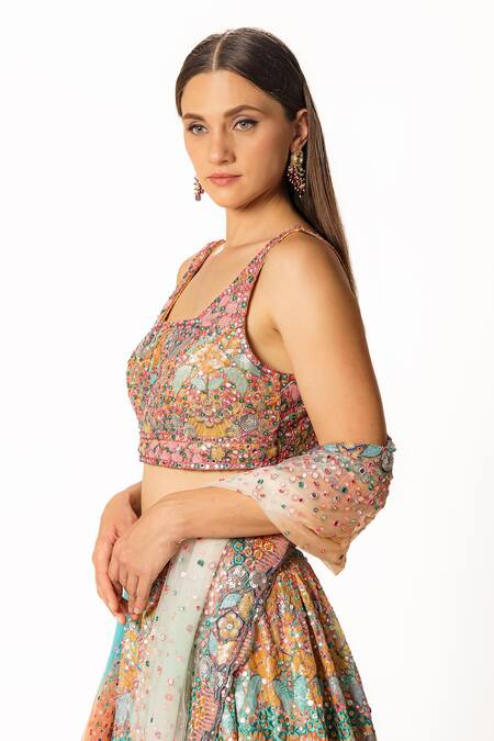 Rabani & Rakha Multi Color Georgette Sequins Square Neck Kasab Hand Embroidered Lehenga Set at Aza Fashions Rabani & Rakha_Multi Color Georgette Sequins Square Neck Kasab Hand Embroidered Lehenga Set _at_Aza_Fashions
