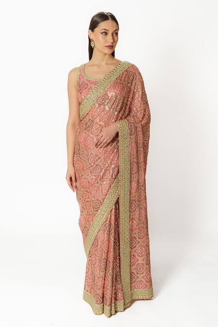 Rabani & Rakha Pink Georgette Sequins, Embroidery Round Bandhani Pattern Saree With Blouse Online at Aza Fashions Rabani & Rakha_Pink Georgette Sequins, Embroidery Round Bandhani Pattern Saree With Blouse _Online_at_Aza_Fashions