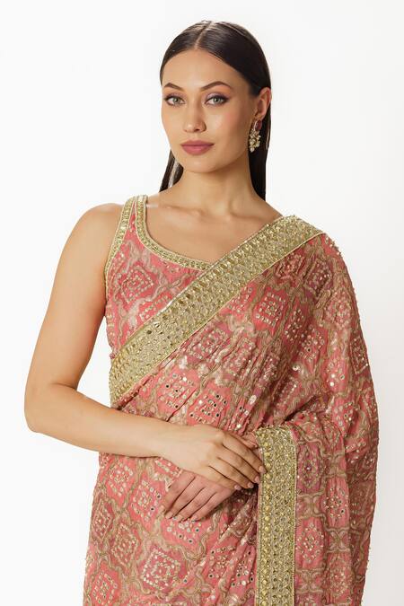 Shop Rabani & Rakha Pink Georgette Sequins, Embroidery Round Bandhani Pattern Saree With Blouse Online at Aza Fashions Shop_Rabani & Rakha_Pink Georgette Sequins, Embroidery Round Bandhani Pattern Saree With Blouse _Online_at_Aza_Fashions