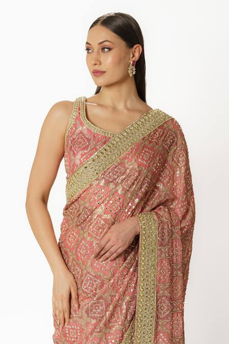 Rabani & Rakha Pink Georgette Sequins, Embroidery Round Bandhani Pattern Saree With Blouse at Aza Fashions Rabani & Rakha_Pink Georgette Sequins, Embroidery Round Bandhani Pattern Saree With Blouse _at_Aza_Fashions