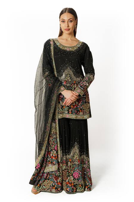 Rabani & Rakha Black Net, Georgette Pearls, Sequins, Cut Resham Straight Kurta Gharara Set Online at Aza Fashions Rabani & Rakha_Black Net, Georgette Pearls, Sequins, Cut Resham Straight Kurta Gharara Set _Online_at_Aza_Fashions