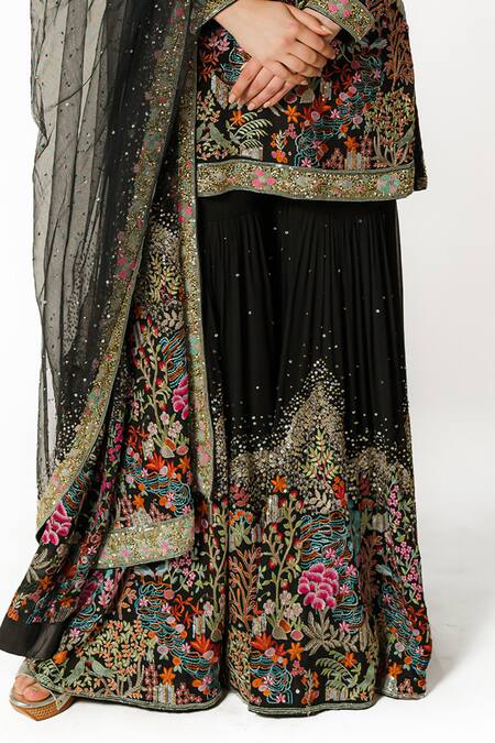 Buy Rabani & Rakha Black Net, Georgette Pearls, Sequins, Cut Resham Straight Kurta Gharara Set Online at Aza Fashions Buy_Rabani & Rakha_Black Net, Georgette Pearls, Sequins, Cut Resham Straight Kurta Gharara Set _Online_at_Aza_Fashions