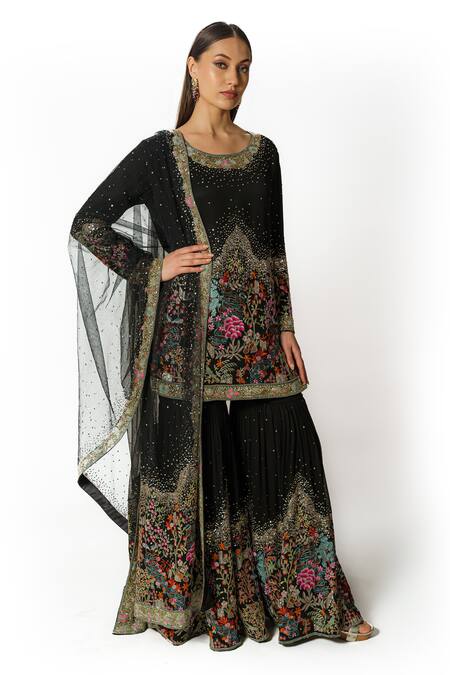 Shop Rabani & Rakha Black Net, Georgette Pearls, Sequins, Cut Resham Straight Kurta Gharara Set Online at Aza Fashions Shop_Rabani & Rakha_Black Net, Georgette Pearls, Sequins, Cut Resham Straight Kurta Gharara Set _Online_at_Aza_Fashions