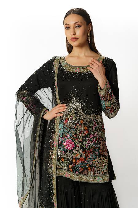 Rabani & Rakha Black Net, Georgette Pearls, Sequins, Cut Resham Straight Kurta Gharara Set at Aza Fashions Rabani & Rakha_Black Net, Georgette Pearls, Sequins, Cut Resham Straight Kurta Gharara Set _at_Aza_Fashions
