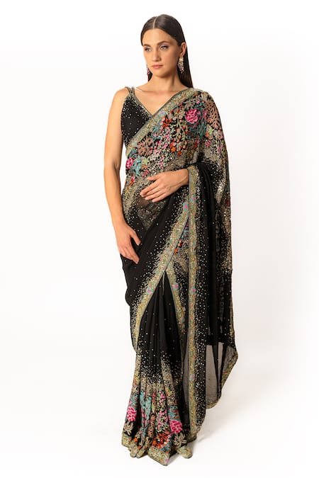 Rabani & Rakha Black Net, Georgette Sequins, Pearls, Cut Work, Floral Resham Saree Set 