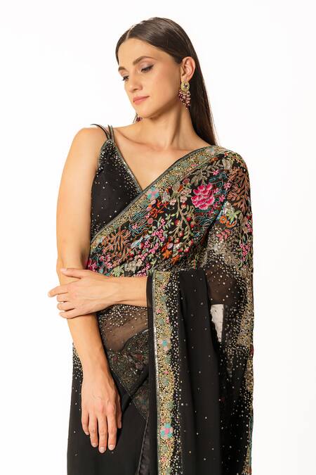 Rabani & Rakha Black Net, Georgette Sequins, Pearls, Cut Work, Floral Resham Saree Set Online at Aza Fashions Rabani & Rakha_Black Net, Georgette Sequins, Pearls, Cut Work, Floral Resham Saree Set _Online_at_Aza_Fashions