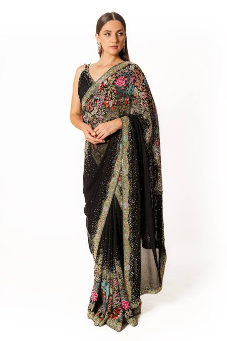 Buy Rabani & Rakha Black Net, Georgette Sequins, Pearls, Cut Work, Floral Resham Saree Set Online at Aza Fashions Buy_Rabani & Rakha_Black Net, Georgette Sequins, Pearls, Cut Work, Floral Resham Saree Set _Online_at_Aza_Fashions