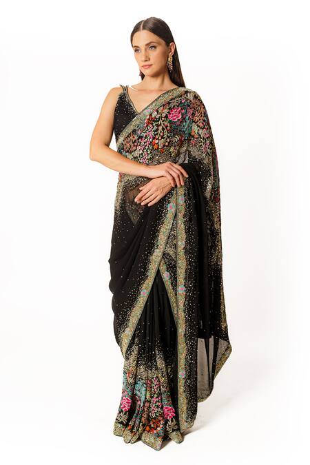 Shop Rabani & Rakha Black Net, Georgette Sequins, Pearls, Cut Work, Floral Resham Saree Set Online at Aza Fashions Shop_Rabani & Rakha_Black Net, Georgette Sequins, Pearls, Cut Work, Floral Resham Saree Set _Online_at_Aza_Fashions